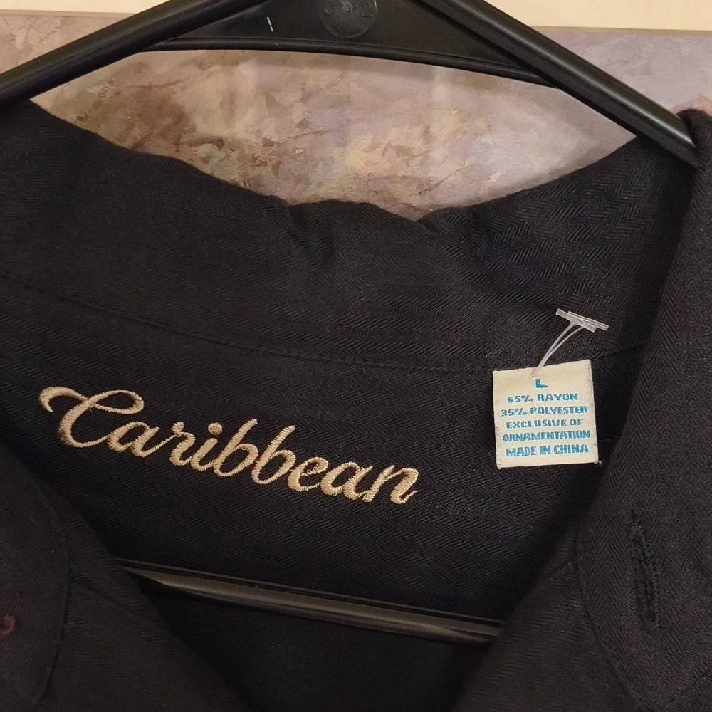 Caribbean Black Shirt Embroidered Mountains Beer Design Coastal Men's Large - Picture 4 of 9